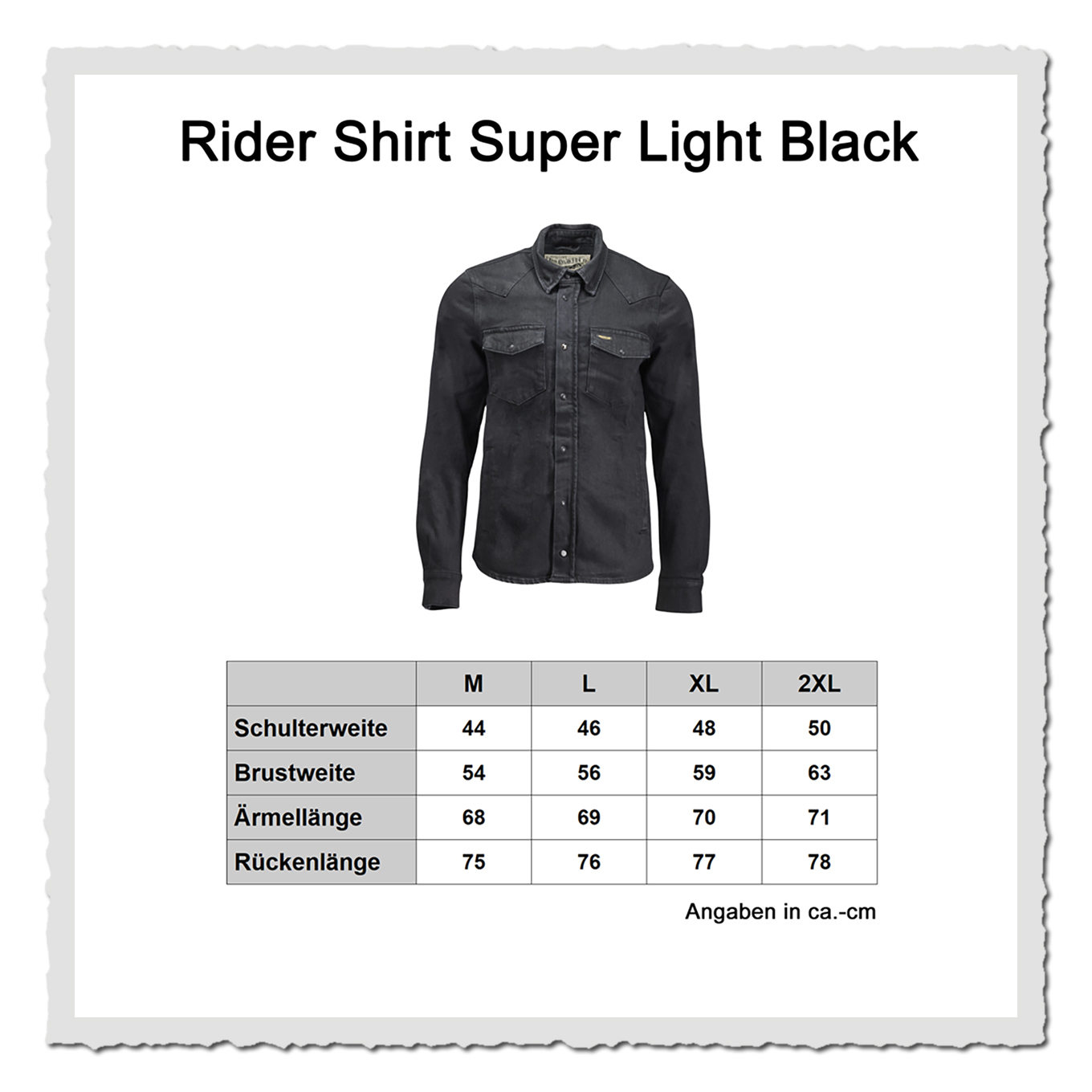 Masstabelle Super Light Rider Shirt mit Größengrafik und freigestelltem Hemd auf weissem Hintergrund